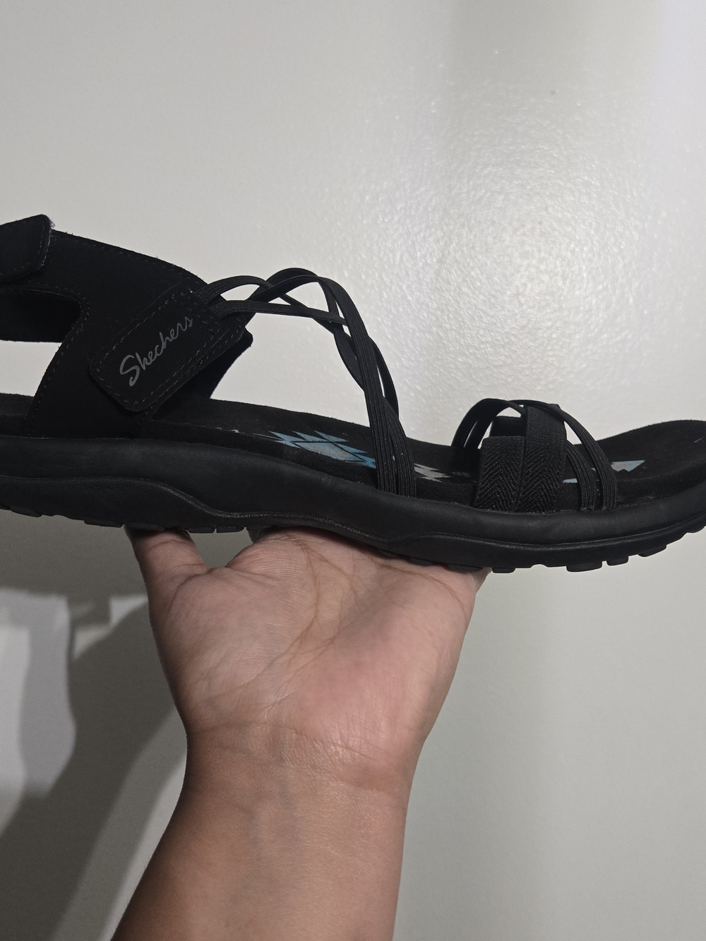 Skechers Black Sandals with Blue Aztec Footbed - Picture 4 of 8